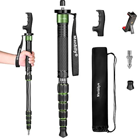 Manbily Monopode Caméra Appareil Photo 40-168cm en Fibre de Carbone Monopodes de Voyage avec Poignée de Canne Portable Compact Télescopique 6 Sections pour DSLR Caméra, Caméscope Vidéo (Vert)