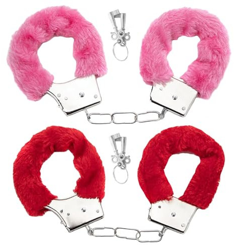 WnlahuWA 2 Stück Rosa Plüsch Handfesseln für Cosplay, Handschellen für Sexspiele, Sexy Rot Metall Handschellen, Handschellen mit Plüsch, Sex Handschellen, für Paare Cosplay, Karneval Kostüm