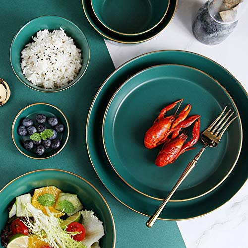 Ceramic Cookware Set,Nordic Matte Dark Green Emerald Gilded Housewares Steak Plate Malachite Green Hotel Porcelain Bowl (Color : 8-Inch Deep Slice)