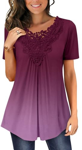 Magritta Women Shirt Summer Ladies Blouses Plus Size Short Sleeve Lace Crewneck Tunic Tops Work Trendy Loose Swing Tops for Leggings Purple Gradual X-Large