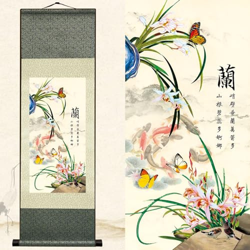 Newscz Bedroom Wall Art for Home Decor Accessories Living Room Silk Scroll Painting Orchid Artwork Posters Aesthetic Room Decor Tapestry Wall Hanging for Home Kitchen Hallway Decor 36 by 12 in