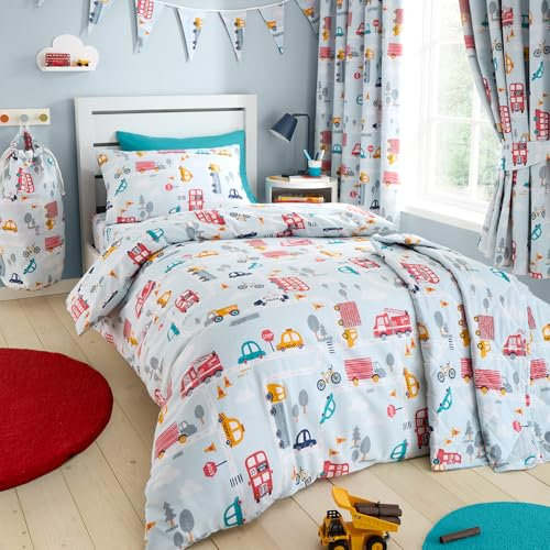 Happy Linen Company Girls Boys Kids Road Trip Transport Cars Blue Toddler Cot Bed Reversible Soft Easy Care Bed Linen Duvet Cover Quilt Bedding Set With Pillow Case