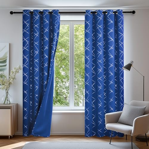 Deconovo Juego de 2 Cortinas Opacas con Ojales de Tela Plateada, 8 Anillas Blancas, Cortinas Cortas con Aislamiento Térmico y Antifrío para Dormitorio y Salón, Azul Real, 140×290 CM