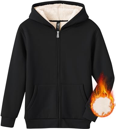 MoFiz Sweatjacke Jungen Winterjacke mit Kapuze Warm Gefüttert Kinder Langarm Kapuzenjacke Voller Reißverschluss Fleecejacke Hoodie Schwarz L (DE152-164)