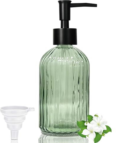 GKSCXEXE Distributeur de savon en verre - 400 ml - Vert - Moderne - Pour cuisine et salle de bain - Distributeur à pompe rechargeable avec pompe en plastique et entonnoir noir - Pour liquide