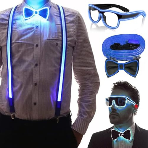 YeahBoom lysande herr LED-hängslen och fluga, LED-hängslen, för musikfestival, halloweenkostym, ravefest, jul, neonlysande mörka festtillbehör för festdekoration, Blå glas, 81cm