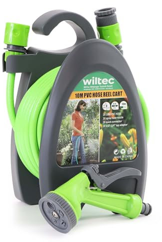 Wiltec Mini enrollador de manguera en PP con manguera de PVC, boquilla ajustable de 5 modos, 2 conectores 3/8 y adaptador 1/2-3/4