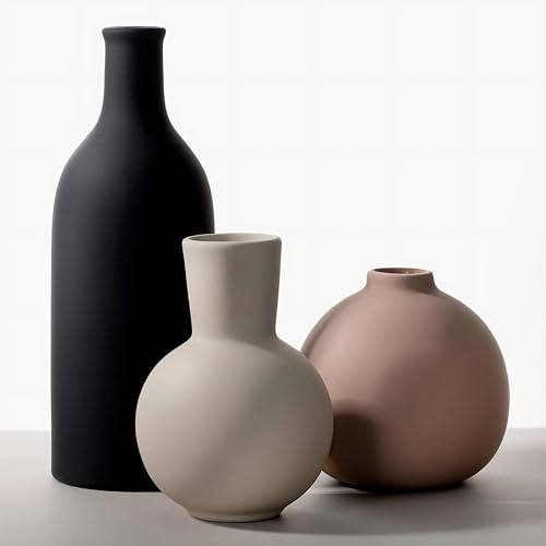 anquephd Juego de 3 jarrones de cerámica para decoración del hogar, jarrones de estilo rústico en negro, gris y beige (pequeño, mediano, grande), perfecto para hierba de Pampa y flores secas