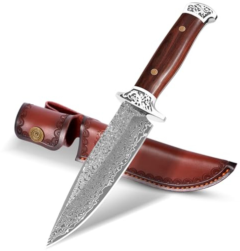 DRACHENADER Cuchillo de caza hoja fija H-Y, acero damasco, mango de madera, cuchillo de outdoor para camping