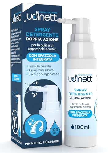 Spray para Audífonos 100ml Udinett - Limpiador en Spray con Cepillo contra Cerumen y la Suciedad - Efecto Limpio Inmediato - Limpieza de Auriculares Bluetooth - Fórmula sin Alcohol