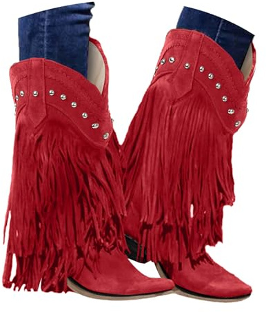 VBEDKDEB Bottes hautes pour femme - Confortables - À enfiler - Talon épais - Bout pointu - Bottes à franges - Bottes western - Bottes montantes au genou - Bottes noires pour femme, rouge, 37.5 EU