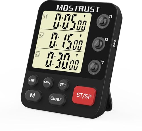 MOSTRUST Digital Dual Kitchen Timer, Multiple Channels Countdown Timer | 3-Groups Triple Timer with Magnet-Back Memory-Preset Large Display Adjustable Volume, 3A Battery Included, Ideal for Cooking