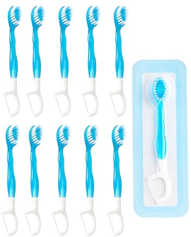 HUVZOR Paquete de 10 Cepillos Dentales Desechables 5-en-1 con Pasta | Portátil, Incluye Hilo Dental, Raspador Lingual y Palillos para Aliento Fresco y Limpieza Completa