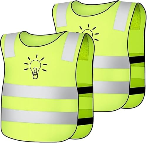 AYBUY 2 Pezzi Giubbotto di Sicurezza per Bambini, Giubbotto Rifrangente per Bambini, Gilet Catarifrangente Alta Visibilità per Corsa, Ciclismo e Gite Scolastiche, Lampadina