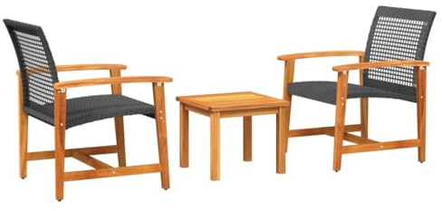 Genérico Juego de Bistro de 3 Piezas ratán PE Negro y Madera de Acacia,Mobiliario,Muebles de jardín,Asientos de Exterior,Sofás modulares de Exterior,Negro,16.6 kg,367601