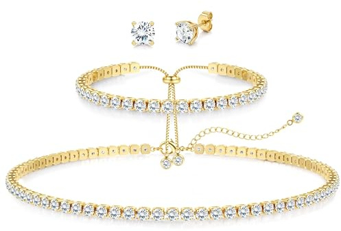 Diamday Gold Jewellery Set for Women, Tennis Necklace Bracelet Earrings Set