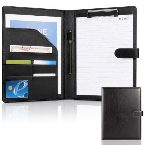 Huwaovi Porte-bloc A4 avec Couvercle, porte-documents en cuir synthétique, porte-bloc-notes avec fermeture magnétique, conférencier A4, pour fournitures de bureau, école, réunions et affaires, noir