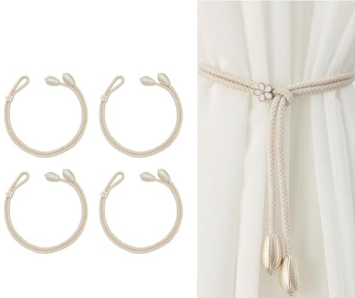 4 Pack Adjustable Curtain Tie Backs, Beige Boho Style Rope Hooks for Bedroom Living Room, Soft Hold Window Dressings for Home Office, Cream Knitted Curtain Tiebacks