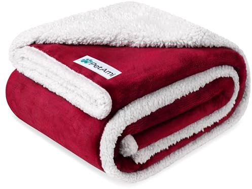 PetAmi Vattentät hundfilt för medium stor hund, husdjur valpfilt soffskydd, sherpa fleece kattfilt, bäddsoffa möbelskydd vändbar mjuk plysch tvättbar, 60 x 40 vinröd