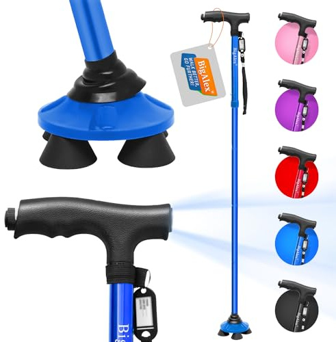 BigAlex Folding Walking Cane with LED Light,Pivoting Quad Base,Adjustable Walking Stick with Carrying Bag for Men/Women