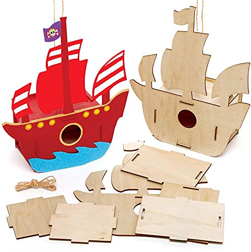 Baker Ross FE357 Kits Casa de Madera de Pájaros con Barco Pirata - Paquete de 2, actividades de artesanía en madera para pintar y decorar para niños, manualidades o proyectos de jardín