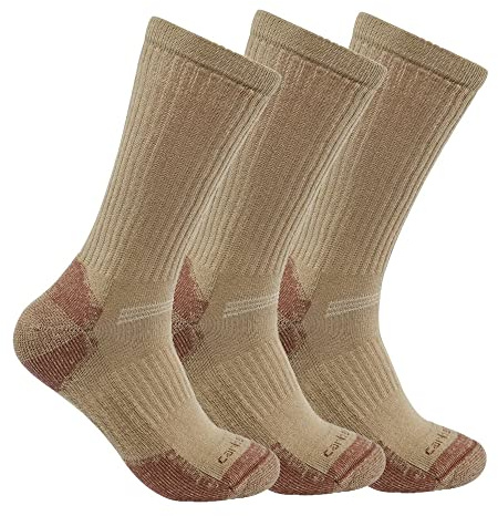 Carhartt Men's Midweight Cotton Blend Crew Sock 3 Pack, Khaki, Large