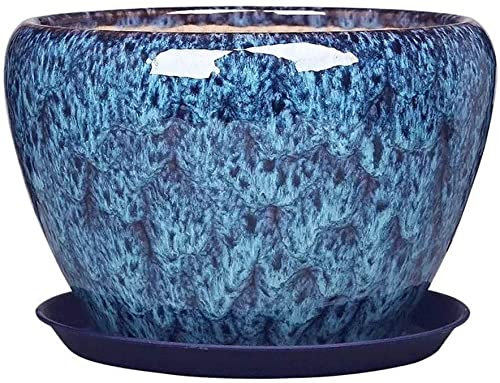 ZXKYZR8 Pot De Fleur Céramique Pour La Maison Intérieur Extérieur, Bleu Paon Extra Large Style Chinois Paysage Pots En Céramique Maison Plante Verte Chlorophytum Plante En Pot Avec Plateau En Plastiqu