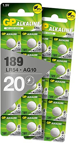 GP Batteries Alkaline Knopfzelle LR54, 20 Stück, 189, V10GA, LR1130, AG10, 1,5 V, 1,5 Volt Spannung