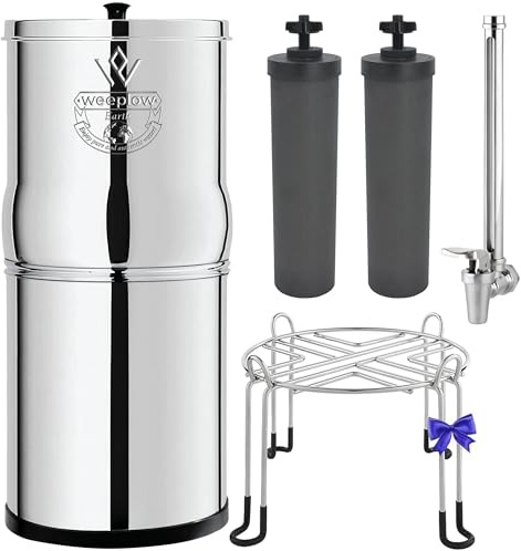 Weeplow® Earth – Schwerkraft-Wasserfiltrationssystem 8,5 Liter AISI 304 mit 2 O'Pure 2 Reinigungselementen, Wasserhahn mit Wasserwaage und kostenloser Edelstahlhalterung