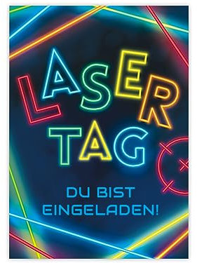 Minkocards 12 Einladungskarten zum Kindergeburtstag Lasertag Laser Tag bunt Mädchen Jungen Einladungen zum Geburtstag Kinder bunte Geburtstagseinladungen