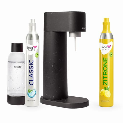 Mysoda Woody Kit économique pour gazéifier l'eau : en bois composite renouvelable avec bouteille en plastique sans BPA, cylindre de CO2 Classic + cylindre de CO2 citron (noir)