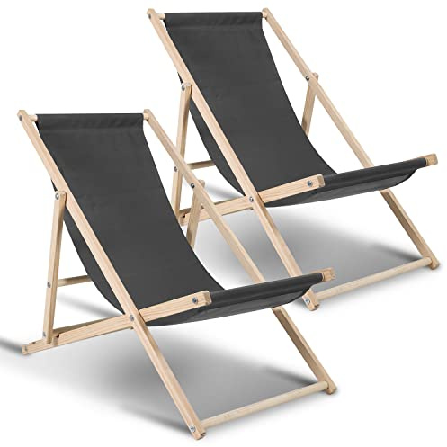 Hebitod Sedia a sdraio pieghevole in legno, set da 2 pezzi, regolabile, portata 120 kg, per spiaggia, campeggio, balcone, piscina, sedia pieghevole in legno, sedia da spiaggia, resistente alle