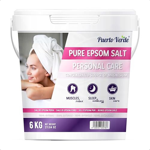 Puerto Verde • Sale di Epsom Puro 6 Kg. Fonte Concentrata di Magnesio. Sale da Bagno a Rapida Dissoluzione per il Rilassamento Muscolare e il Buon Sonno. Cura di Pelle e Capelli. Produzione Europea.