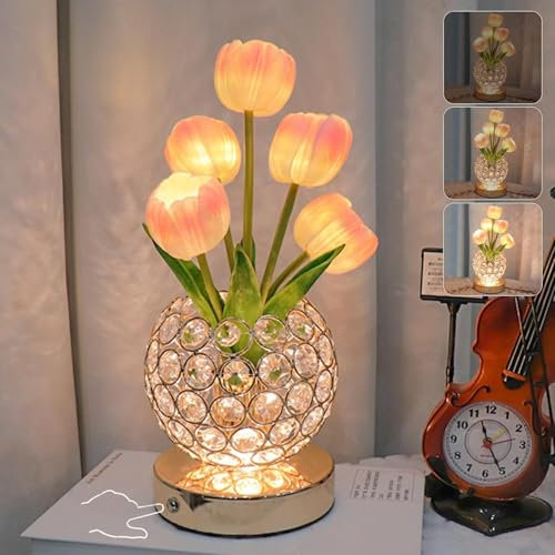 Wekity Tulip Lamps, 3 Color Touch Dimming Crystal Night Light, Rechargeable Artificial Flower Light, LED Flower with Vase Lamp for Romantic Decor (Tulip1 - Pink)