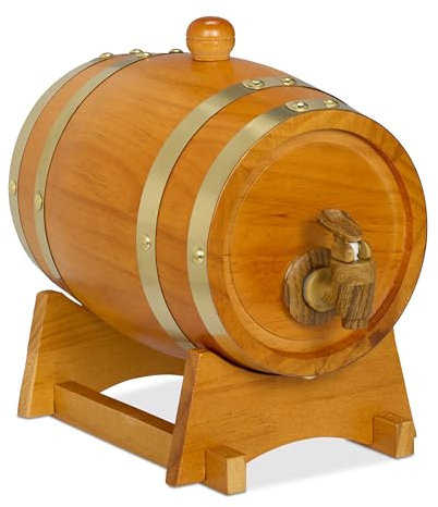 Relaxdays Botte per Liquori, Mini Barile in Legno da 1,2 L, con Rubinetto e Supporto, per Whisky, Vino, Marrone Chiaro