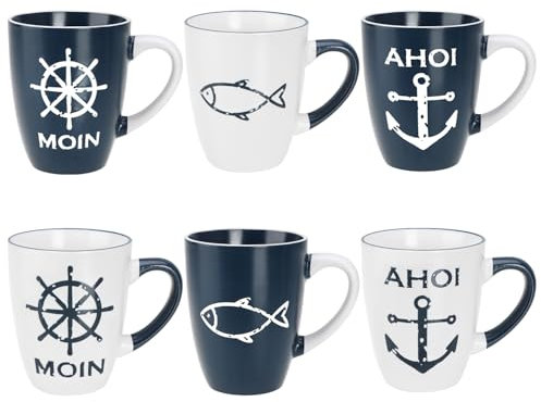 com-four® 6x tazas de café de cerámica - tazas para beber de 350 ml - Tazas de café marítimas para el hogar y la oficina - Cafetera para bebidas frías y calientes (6 piezas - blanco/azul)