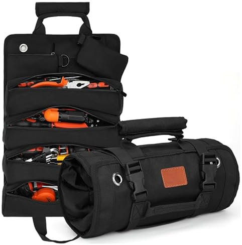 JSTHHTT Motorcycle Tool Roll Bag, Tool Bags Heavy Duty Tool Organizer with 2 Detachable Tool Pouch & 4 Zip Pockets, Canvas Tool Bag, Wrench Organizer Roll Up Tool Bag for Mechanic, Electricians