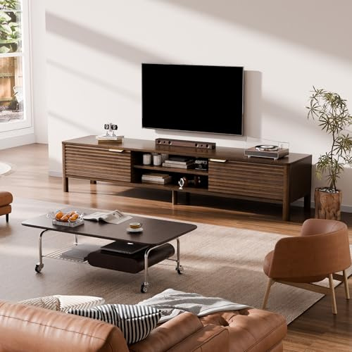 IKALIFE Mobile TV Moderno Basso - Tavolo TV 180 cm lunghezza, Tavolino Porta TV Fino a 80 Pollici, per Soggiorno, Camera da Letto, con con Ripiani di Stoccaggio e Armadietto, Legno, Marrone