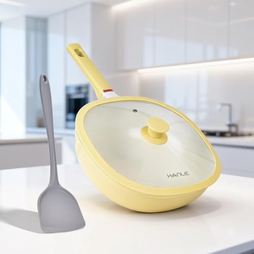 HANLE 11.3 Inch(4.3QT) Nonstick Ceramic Saute Pan with Lid, Cast Aluminum Deep Frying Pans, Flat Bottom Induction Pan, Ceramic Non Toxic Cookware, PFOA PFAS & PTFE Free(Yellow)