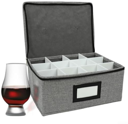 Whiskyglas förvaringsbehållare, förvaringslåda för vinglas med avdelare och handtag, med etikettfönster, rymmer 12 vinglas, cocktailglas