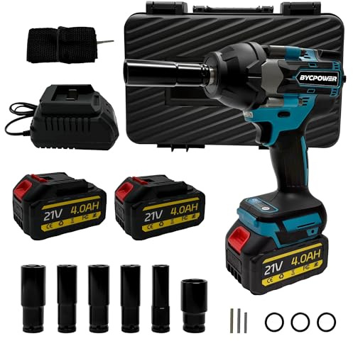 bycpower Akku Schlagschrauber 1000Nm, 1/2 Zoll Bürstenloser Drehschlagschrauber mit 2×4.0Ah Akkus, 6 Stecknüsse und Ladegerät im Tragekoffer, Mutternschlüsselsatz für Auto und Bauindustrie