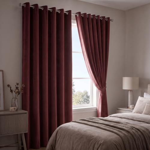 Opulent Dreams 90 inch Drop Curtains Velvet Eyelet, 66x90, Pair - Burgundy | 2 Panel Room Darkening Burgundy Blackout Curtains, 2 Tie Backs 168x229cm Drapes for a Cosy Home- Crushed Velvet Curtains