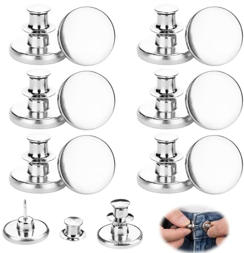 ZOMKIFA Botones para Vaqueros Sin Costura, 12 Piezas 17mm Ajustable Botón de Reemplazo Pantalones, Set Botones Metálicos DIY para Reparación Jeans & Ajuste de Cintura & Talla, Plata Brillante