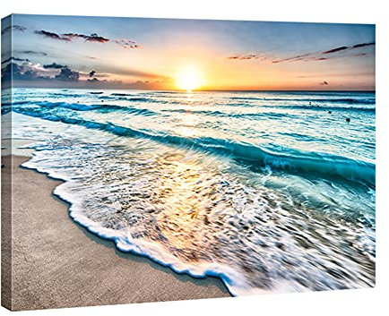 Wieco Art Large Sea Waves Canvas Prints Wall Art Ocean Beach Pictures Paintings for Living Room Bedroom Office Home Decorations Modern Stretched and Framed Seascape Giclee Artwork Ready to Hang