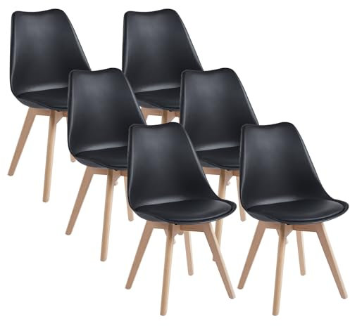 Dewinner Esszimmerstühle, Küchenstuhl, skandinavisch, Retro mit Rückenlehne, gepolsterte Sitzfläche aus massiver Buche (Schwarz, 6er Set)