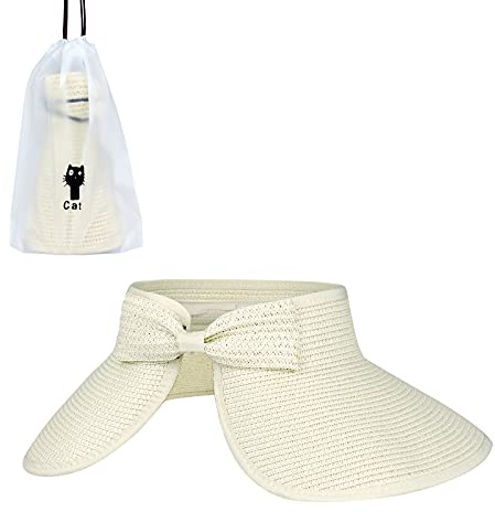 Andiker Straw Hat Sun Visor Hat with Wide Brim for Women Ladies Foldable Cap Ponytail Beach Hats with A Storage Bag for Summer Black White Beige