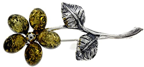 Broche de flor exclusivo de ámbar báltico y plata de ley - 4015, Plata esterlina, Ámbar