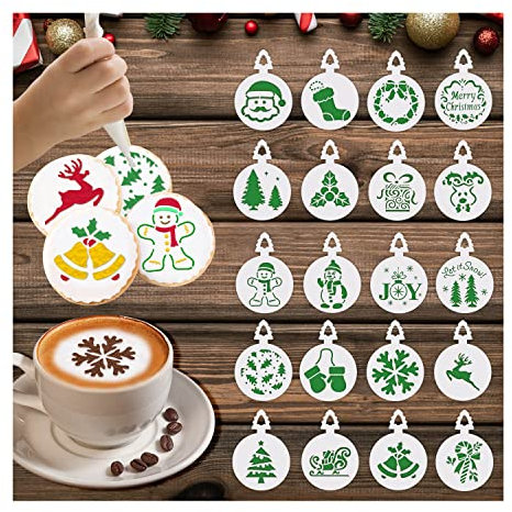 Leesgel Weihnachts Schablonen, 20 Pcs Weihnachtsschablonen Kaffeeschablonen für Weihnachtsplätzchen Weihnachtskekse Backen Kuchen, Schablonen Bastelset Weihnachten für Weihnachtsbasteln Weihnachtsdeko