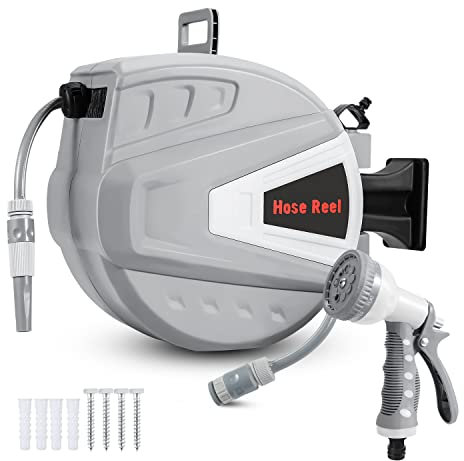 Joparri Schlauchtrommel 20m+2m mit Handbrause und Gartenschlauch, Schlauchaufroller 180° Schwenkbügel, Automatisches Aufrollen, Versenkbarer Wasserschlauchtrommel Wandhalterung - Grau