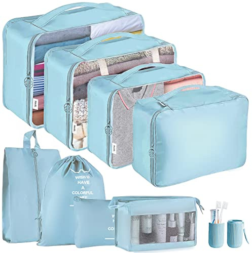 Jsdoin Organisateur de Valise,Lot de 9 Organiseurs de Bagage pour Voyage,Sacs Rangement de Valise Voyage Accessoires,Sacs à Vêtements, Sacs à Chaussures, Sacs de Rangement pour Cosmétiques (Bleu)
